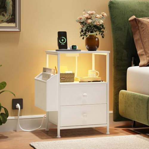 MALOL Night Stand with Charging Station & Led Light Strip, Bedside Table with Open Shelf & 2 Fabric Drawers and Reversible Side Storage Pocket, Modern End Table Bedroom,Living Room,White by MALOL