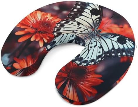 U Shape Travel Pillow Colorful Flowers Butterflies Portable Neck Pillows Memory Foam Head and Neck Support Headrest Pillow for Airplane Sleeping - Image 6