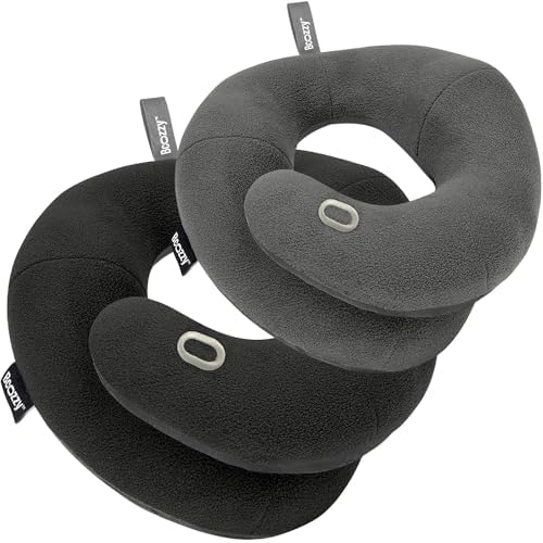 BCOZZY Travel Neck Pillow 2-Pack – XL Black & Large Gray – Patented Head, Neck & Chin Support for Airplane & Travel Comfort by BCOZZY