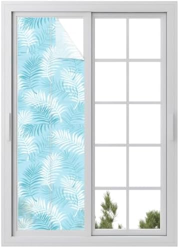 Window Privacy Film Frosted, Blue Botanical Reusable Static Cling Window Tints, Summer Palm Leaves Foliage Tropical Heat Control Windows Films for Offices, Balcony, 29.5 x 118 Inches by Unknown