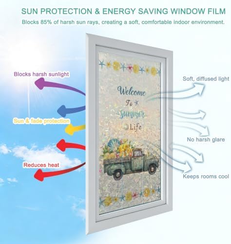 Summer Truck Lemon Window Privacy Film Rainbow Static Cling Stain Glass Window Film for Glass Door, Decorative Heat Blocking Sunroof Decal Sticker for Car 35.4"x78.7" Nautical Coastal Linen Texture - Image 4