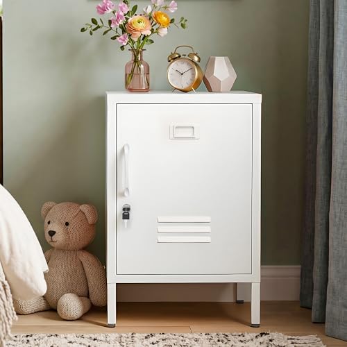 Lockable Metal Nightstand with Door, Industrial Storage Locker End Table, Small Bedside Table for Bedroom Living Room Dorm,White by Home
