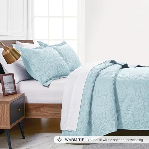 Love's cabin California King Size Quilt Set Spa-Blue Bedspreads - Soft Summer Lightweight Polyester Bedspread- Modern Style Coin Pattern Coverlet for All Season - 3 Piece (1 Quilt, 2 Pillow Shams) - Image 4