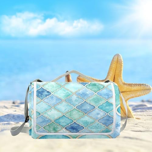 MNSRUU Picnic Blanket Waterproof Foldable, Green and Blue Moroccan Large Outdoor Picnic Beach Camping Blanket Travel Mat, Shoulder Strap Tote, Rectangle 57x59in - Image 6