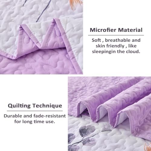 Dinjoy Floral Quilt Set Queen, 3 Pieces Purple Flower Bedspread Coverlet - Image 5