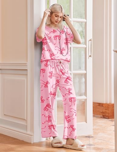 Ekouaer Pajama Sets Womens 2 Piece Short Sleeve Long Pants Pjs Lounge Set - Image 3