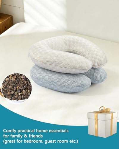 Buckwheat Neck Pillow with Dual-Layer Pillowcase, 12''x12'' Adjustable Firm U Shaped Pillows, Breathable for Cool Sleep, Neck Support Buckwheat Hulls Pillow for Back Sleeper (Grey) - Image 6