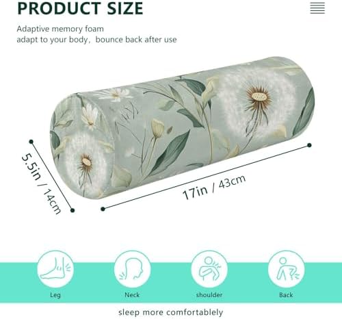 Sage Green Dandelion Neck Roll Pillow Bolster Round Health Memory Foam Long Cervical Cylinder Pillows with Removable Washable Cover for Body Bed Legs Back Yoga - Image 2