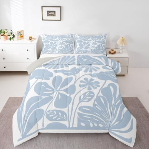 Erosebridal Light Blue Flower Girls Comforter Set King Size Retro Aesthetic Floral Bedding Set for Kids Teens Women Minimalist Vintage Art Quilt 70S Modern Abstract Duvet Insert Bedroom Decor by Erosebridal