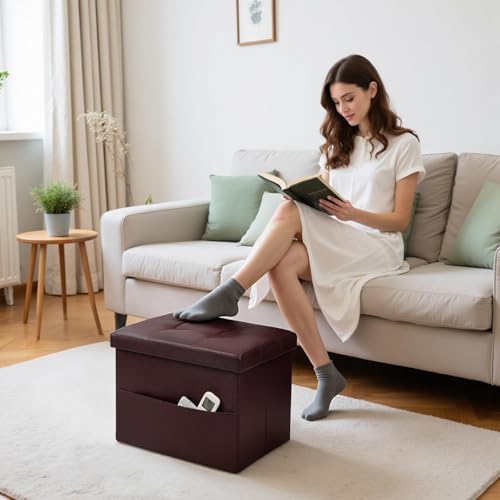 Bsketa Storage Ottoman Bench,16 Inch Folding Leather Foot Rest Stool, Brown - Image 2