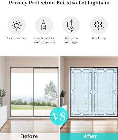 Window Privacy Film Frosted, Pale Blue Botanical Non-Adhesive Static Cling Window Tint, Vintage Florals Geometric Minimalist Insulated Windows Frosted Films for Living Room, 35.4 x 78.7 Inches - Image 6
