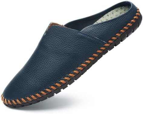 Men’s Slip-On Loafers Mules Clog Handmade Leather Slippers Hand Stitched no-Heel Casual Shoes for Men Breathable Comfortable Soft by LUODENGLANG