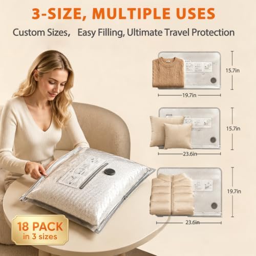 18 Pack Travel Vacuum Bags with Rechargeable Electric Pump, Space Saving Vacuum Storage Bags for Clothes & Luggage, Reusable Compression Bags for Travel and Home Storage, Double Zipper - Image 2