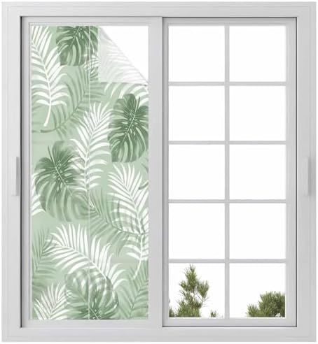 Window Privacy Film Frosted, Sage Green Palm Trees Tropical Static Cling Door Window Covering, Summer Beach Botanical UV Blocking Windows Film for Office, Hotel, Bedroom, 29.5 x 78.7 Inches by Unknown