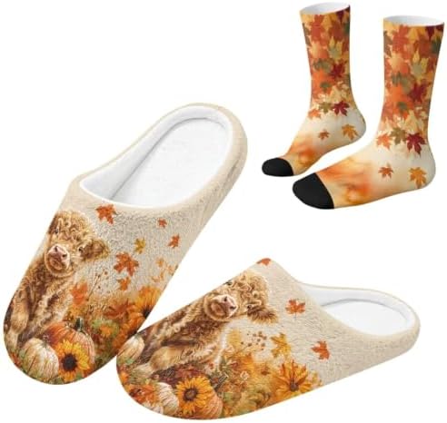 Jeiento Fuzzy Slippers and Crew Sock Set for Women Men Couple Warm Cozy Memory Foam House Shoes Soft Slip-on Slides for Home,Travel by Jeiento