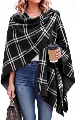 Yousify Women’s Shawl Wrap Plaid Knit Poncho Cape Sweater by Yousify