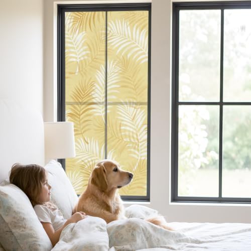 Window Privacy Film Frosted, Yellow Botanical Static Cling Door Window Covering, Summer Palm Leaves Foliage Tropical UV Blocking Windows Film for Office, Hotel, Bedroom, 29.5 x 78.7 Inches - Image 2