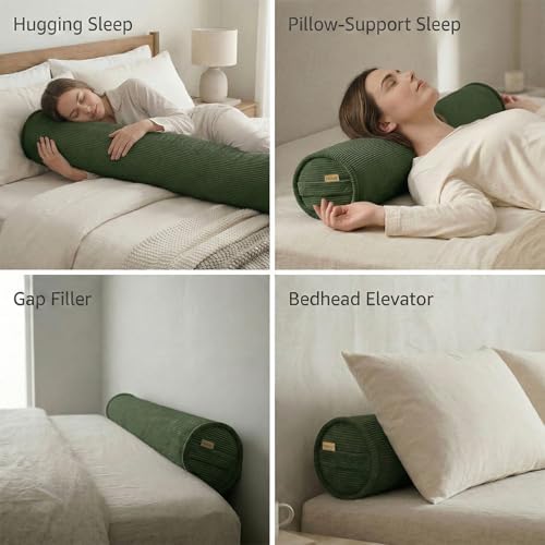 Long Pillow for Bed – Corduroy Round Bolster Pillow for Adults, Decorative Body Pillow for Sleeping or Sofa Support,59 x 7.87 Inches,Avocado Green - Image 6