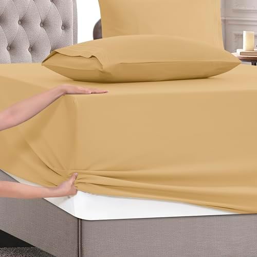 Mocassi Twin Size 4-Piece Bed Sheet Set - 1800 Premium Hotel Quality Microfiber 18-24 Inches Extra Deep Pocket Fitted Sheet- Luxury Soft, Breathable, Wrinkle, and Fade Resistant, Gold - Image 5