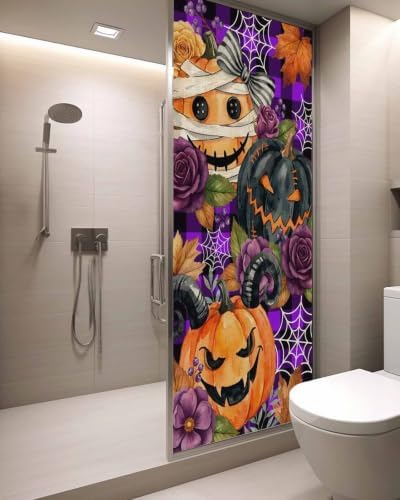 Window Privacy Film Frosted, Pumpkins Halloween Static Cling Door Window Covering, Black Horror Purple Check Floral UV Blocking Windows Film for Office, Hotel, Bedroom, 29.5 x 78.7 Inches - Image 3