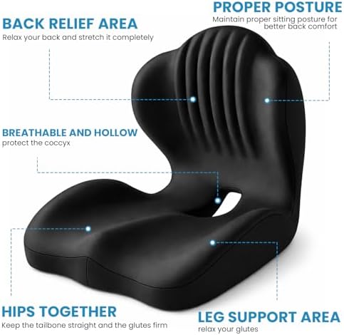 Universal Seat Cushion,Office Chair Cushion with Lumbar & Back Support for Sciatica/Tailbone Pressure Relief.Memory Foam Cushions for Gaming Chair,Car seat,Truck seat and Long Sitting Workers.Black - Image 3