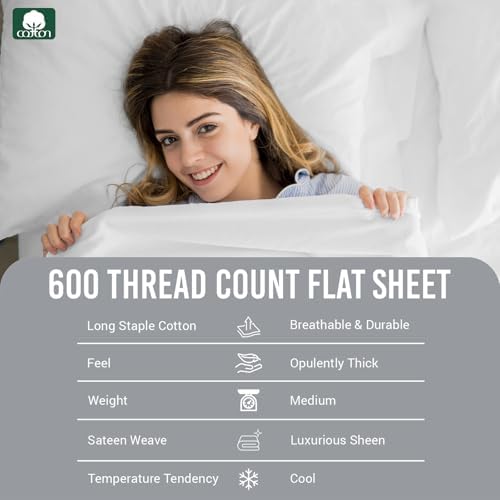 Pizuna Pure 100% Cotton King Flat Sheet 600 Thread Count White - Image 4