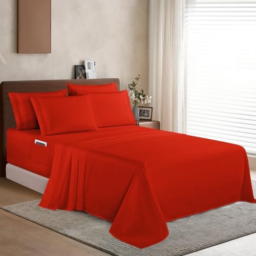 Elegant Comfort 1500 Premium Quality 6-Piece Bed Sheet Set - 18-24 Inch Extra Deep Pocket, Smart Storage Pockets, Wrinkle Free Ultra Soft 6PC Extra Deep Pocket Sheets, Queen, Red - Image 3