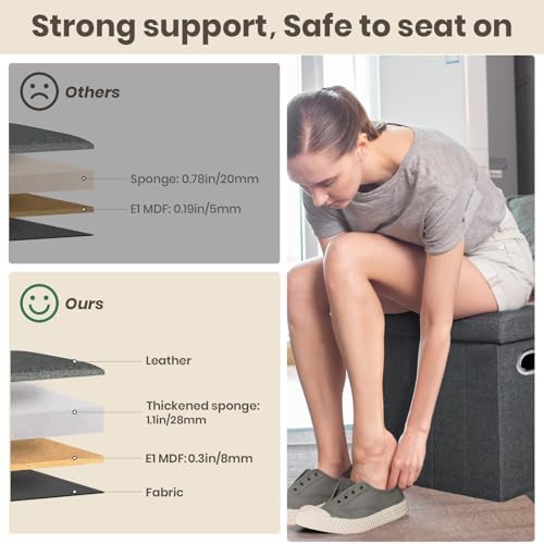COSYLAND Collapsible Fabric Ottoman Footrest with Storage - Folding Foot Stool Furniture with Handles - Toy Chest Linen Gray - 16.5x16.5x10.6in - Charcoal - Image 5