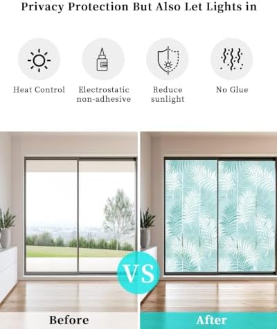 Window Privacy Film Frosted, Teal Blue Botanical Static Cling Door Window Covering, Summer Palm Leaves Foliage Tropical UV Blocking Windows Film for Office, Hotel, Bedroom, 29.5 x 78.7 Inches - Image 6