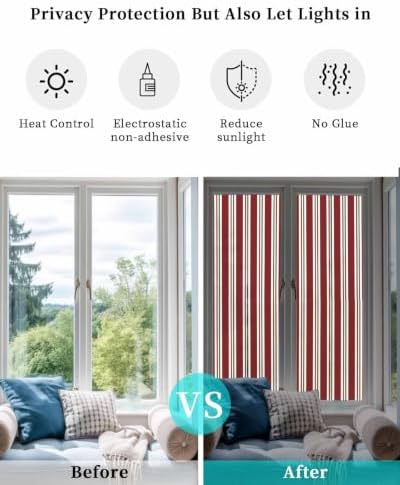 Window Privacy Film Frosted, Red Brown Striped Reusable Static Cling Window Tints, Modern Farmhouse Vertical Stripes Heat Control Windows Films for Offices, Balcony, 29.5 x 118 Inches - Image 6