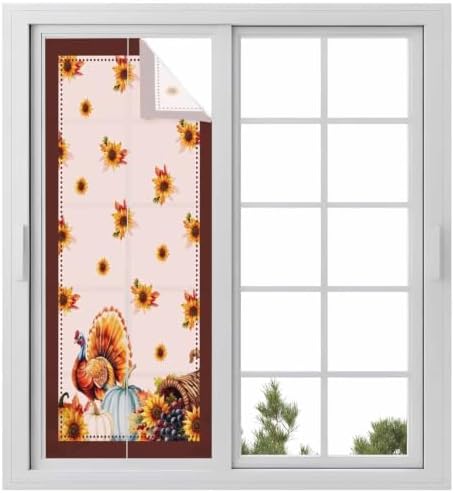 Window Privacy Film Frosted, Thanksgiving Fall Static Cling Door Window Covering, Pink Turkey Pumpkin Flowers Stripe Rustic UV Blocking Windows Film for Office, Hotel, Bedroom, 29.5 x 78.7 Inches by Unknown