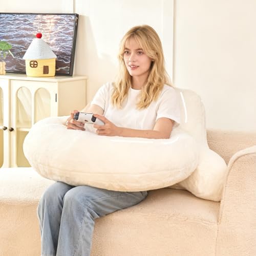 19" Reading Pillow for Bed,U Shaped Arm & Elbow Support,White Faux Fur by PAJEO