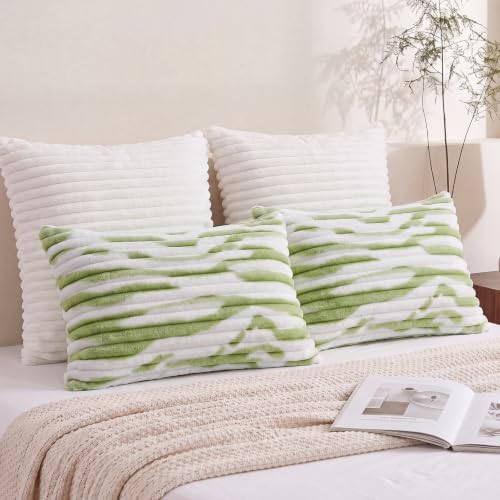Bedorm Faux Fur Pillowcases Set of 2 Standard Size Plush Fluffy Pillow Cover Ivory and Green, Zipper Closure - Image 2