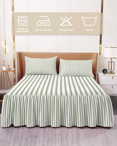 Ruffle Skirt Bedspread for Queen Size Bed Farmhouse Sage Green Stripe 3 Piece Bedding Cover with Pillow Sham,18In Drop Bedskirt Coverlet for Bedroom Dorm Modern Vertical Line - Image 2