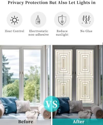 Window Privacy Film Frosted, Beige White Geometric Reusable Static Cling Window Tints, Square Minimalist Modern Heat Control Windows Films for Offices, Balcony, 29.5 x 118 Inches - Image 6