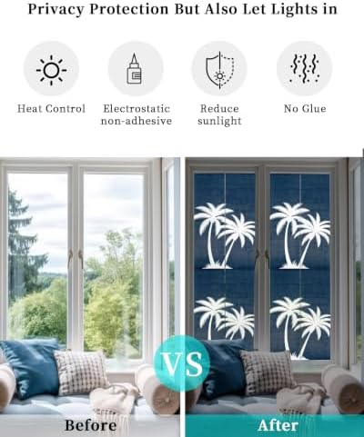 Window Privacy Film Frosted, Navy Blue Palm Trees Reusable Static Cling Window Tints, Summer Coastal Tropical Botanical Heat Control Windows Films for Offices, Balcony, 29.5 x 118 Inches - Image 6