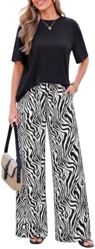 PRETTYGARDEN Women‘s Summer 2 Piece Sets Short Sleeve Tops Beach Boho Pants by PRETTYGARDEN