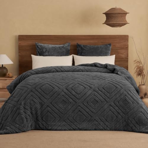 PHF Soft Sherpa Fleece Blanket Twin, Tufted Jacquard, 02-Dark Grey by PHF