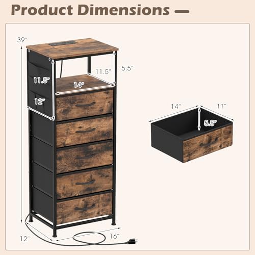 KOMFOTT 2 Nightstands with Integrated Charging Station, 39" Tall Modern End Table with 5 Fabric Drawers, Side Pockets and Open Shelf, Bedside Table with 2 AC Outlets, USB and Type-C Ports for Bedroom - Image 3
