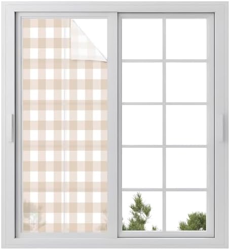 Window Privacy Film Frosted, Farmhouse Plaid Static Cling Door Window Covering, Cream Classic Buffalo Check Rustic UV Blocking Windows Film for Office, Hotel, Bedroom, 29.5 x 78.7 Inches by Unknown