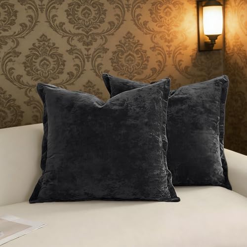 Greek Velvet Euro Sham Covers Set of 2 26x26 Luxury Soft Solid Pillow Covers for Living Room Bedroom Yard,Black by LRRocaloca