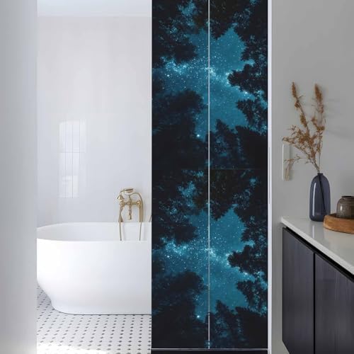 Window Privacy Film Frosted, Night Sky Reusable Static Cling Window Tints, Blue Natural Forest Trees Star River Scenery Heat Control Windows Films for Offices, Balcony, 29.5 x 118 Inches - Image 3
