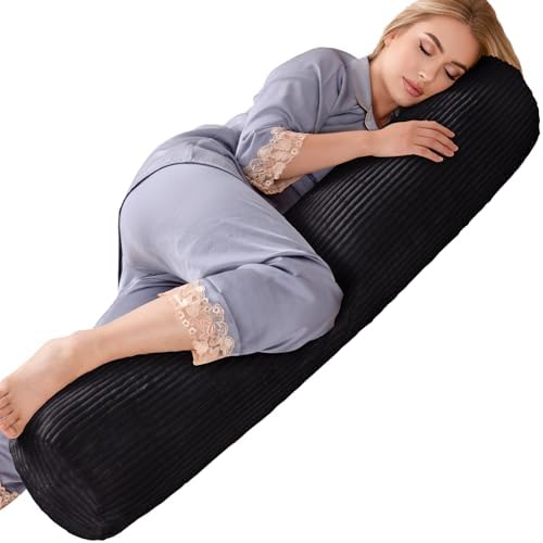 1 MIDDLE ONE Body Pillow for Adults, Long Bolster Pillow for Bed, Decorative Round Roll Hug Pillow with Corduroy Cover (Black, 47x7.87 Inch) by 1MIDDLEONE