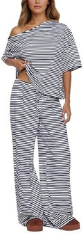Ythomm Striped Pajama Sets Womens Two Piece Lounge Outfits Short Sleeve Off Shoulder Shirts Drawstring Pants Matching Pj Sets by Ythomm
