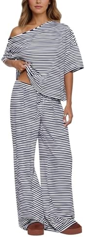 Ythomm Striped Pajama Sets Womens Two Piece Lounge Outfits Short Sleeve Off Shoulder Shirts Drawstring Pants Matching Pj Sets by Ythomm
