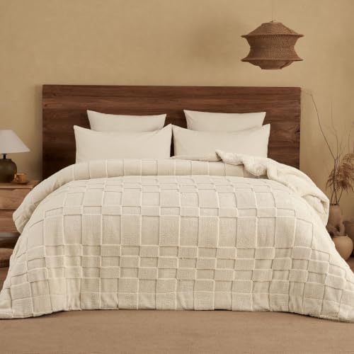 PHF Soft Sherpa Fleece Blanket Queen, Tufted Jacquard, 03-Oat Milk by PHF