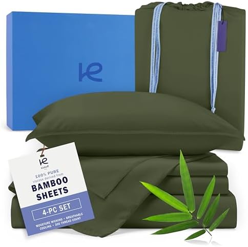 Kickoff Viscose Bamboo Sheets Queen Size 4-pc 100% Organic Bamboo Viscose Bed Cooling Sheets Queen Size Set Cool Bedding for hot Sleepers Sheet Set - Gift Ready Packaging (Green, Q) by KickoffHome