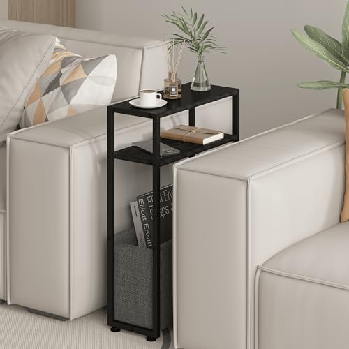 Leomonio Narrow Side Table, Slim End Tables with Fabric Basket, Skinny Table for Small Spaces, Thin Bedside Table for Living Room, Bedroom (1, Ebony Black + Slate Gray) - Image 4