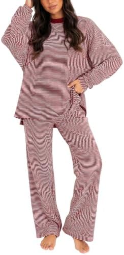 Women's 2 Piece Striped Lounge Set Wide Leg Pants Matching Pajamas Set by FISOEW