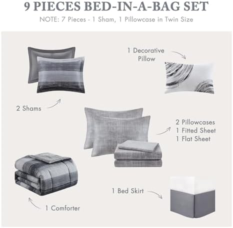 Madison Park Essentials Cal King Comforter Set, Bed in a Bag, Watercolor Print Coastal Comforter & Chambray Cotton Sheet Set, All Season Bedding, Saben, Black Cal King (104 in x 92 in) 9Piece - Image 6